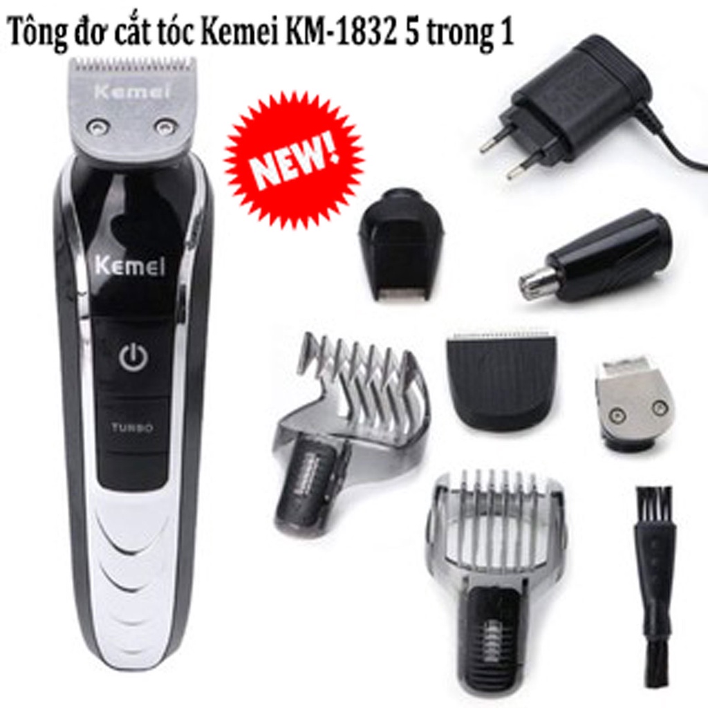 Tông Đơ, Tăng Đơ Máy Cạo Râu 5 in1 Cắt Tóc Tỉa Lông Mũi Chính Hãng Kemei Model KM-1832