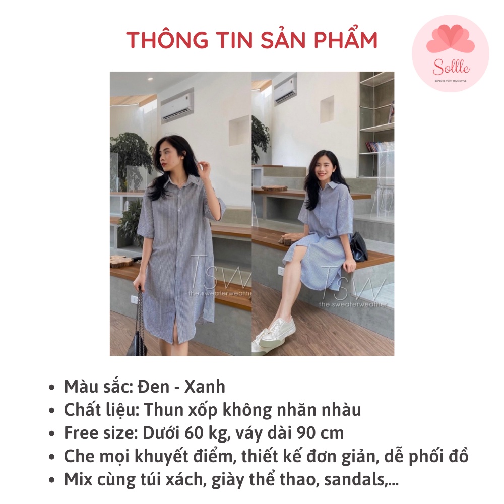 Đầm váy sơ mi dáng suông dài kẻ sọc xanh đen chất thun xốp không nhăn Sollle VSM001