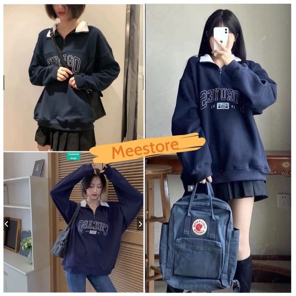 Áo Sweater nữ Mee - Nỉ Zip Foruysf cổ cao dáng rộng tay phồng, Hoodie oversize phong cách Ulzzang