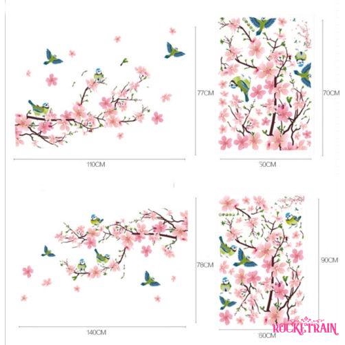 Miếng dán tường trang trí hình dáng nhánh hoa anh đào và chim chóc độc đáo