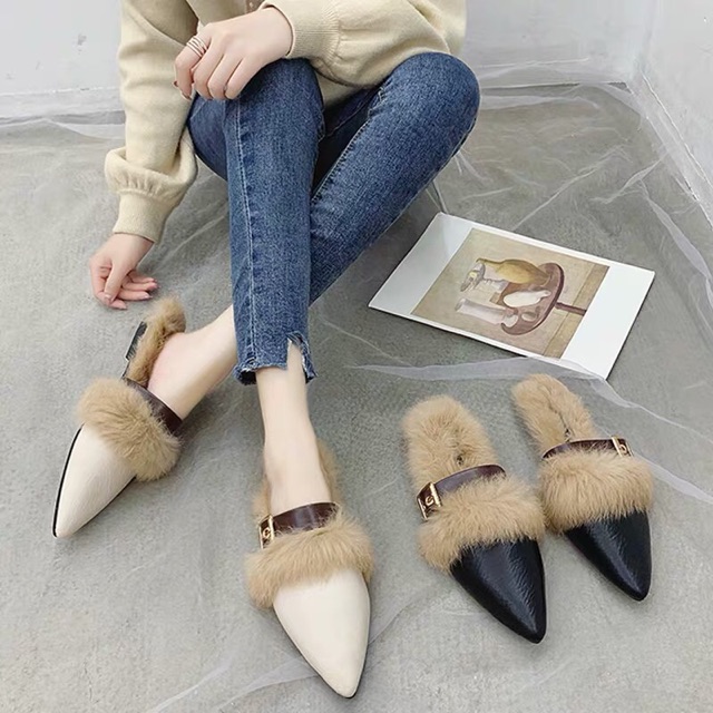Sục da lộn mũi nhọn đan dây lót lông đế 3cm  Maykith Cao cấp