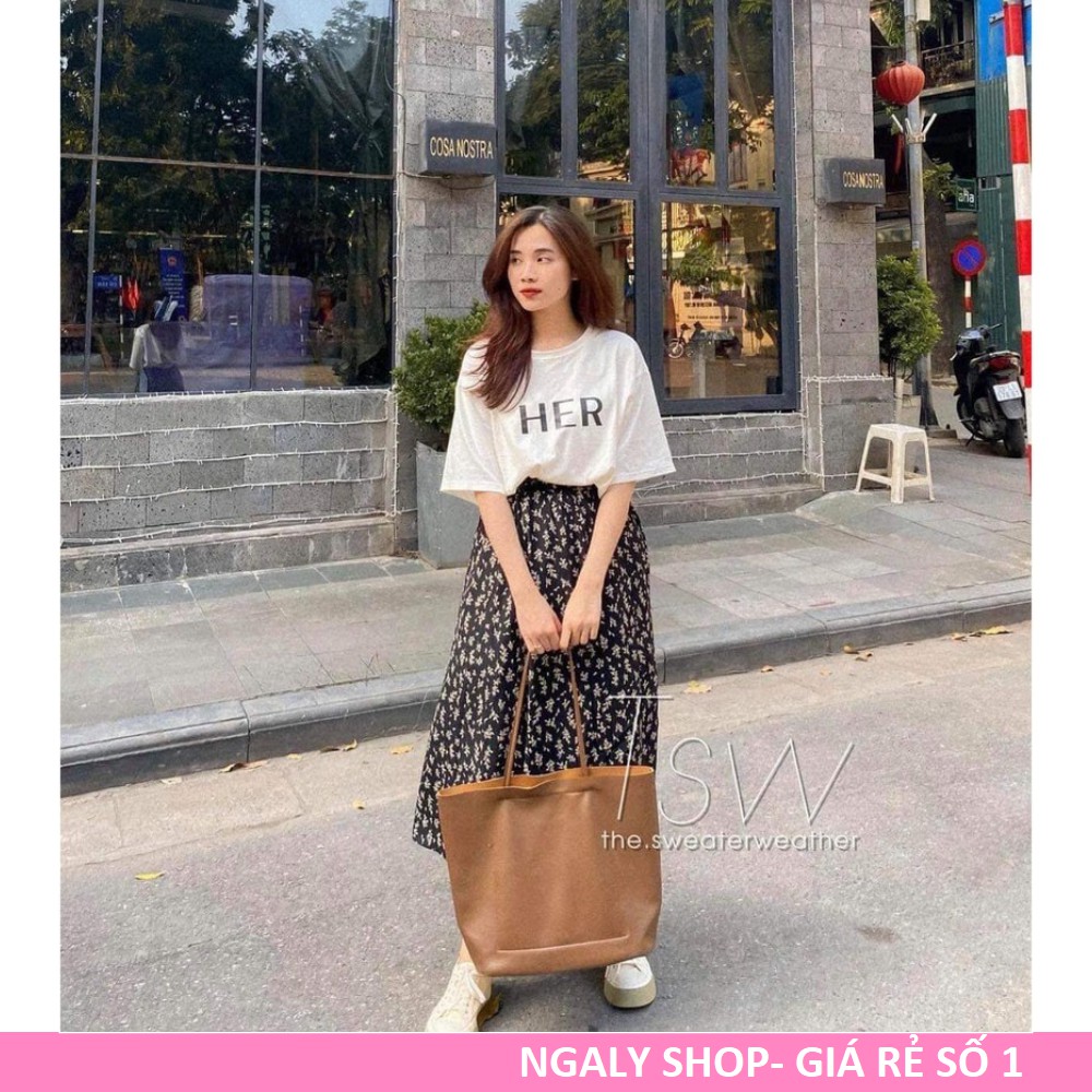 Set Váy Hoa Nhí Áo Phông Chân Váy Chữ A[FREESHIP] Áo thun tay lỡ form rộng đầm hoa dài nữ màu đen | BigBuy360 - bigbuy360.vn