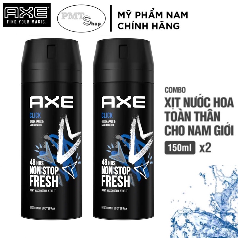 Combo 2 Xịt khử mùi toàn thân nam AXE Click 150ml x 2 chai hương nước hoa