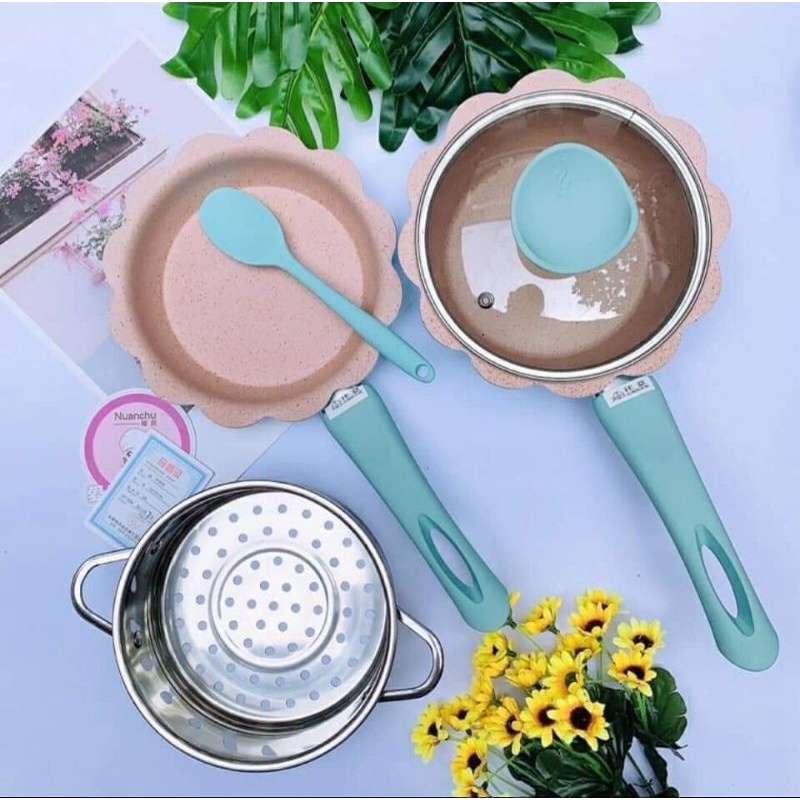 Bộ chảo nồi kèm xửng hấp kích thước 16cm nấu đồ ăn dặm chống dính cao cấp hình hoa sử dụng được bếp từ