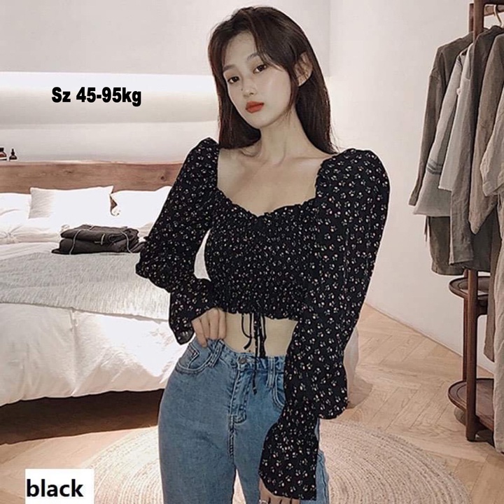 Áo croptop bigsize nữ dài tay KimFashion, croptop bigsize hoa nhí 55-90kg