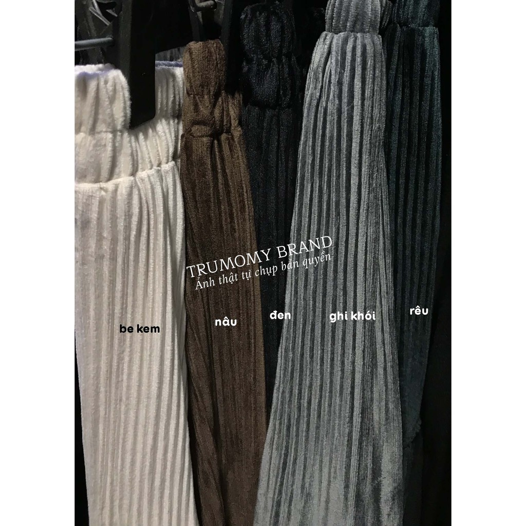 Chân váy nhung xếp ly xòe dài Vintage Quảng Châu phối 2 viền bèo, cạp cao, lưng thun, dài qua gối - Trumomy | BigBuy360 - bigbuy360.vn