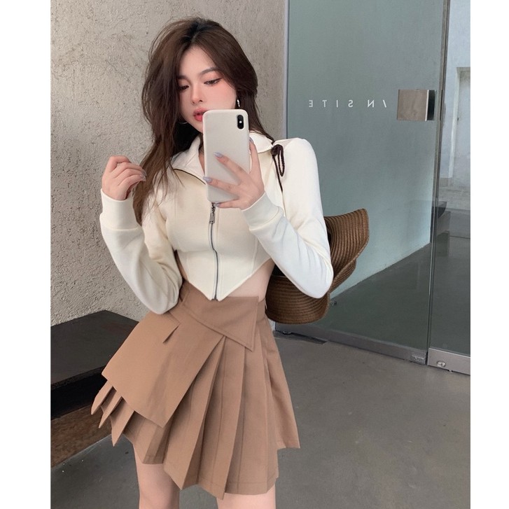 Áo cardigan tay dài dáng ôm/ Chân váy chữ A lưng cao xếp ly thời trang cho nữ
