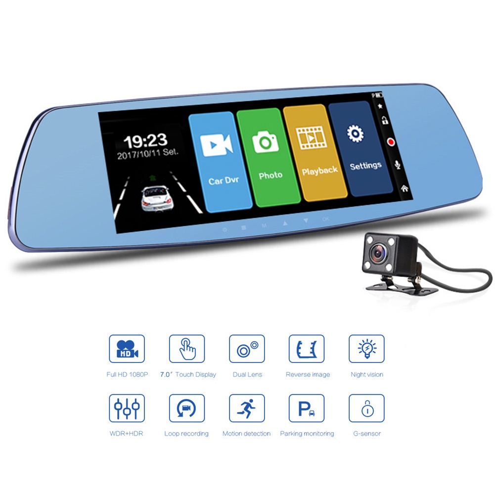 MG Màn hình cảm ứng 7 inch HD cho xe hơi DVR Máy ảnh ống kính kép Gương chiếu hậu Máy ghi video Dash Cam Auto Portable