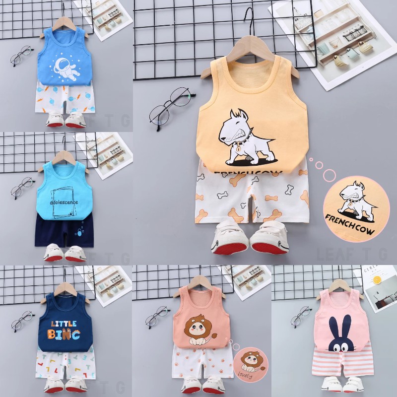 Bộ Áo Thun Sát Nách Phối Quần Short Vải Cotton In Hoạt Hình Dễ Thương Cho Bé Gái 1-8 Tuổi
