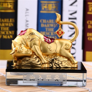 Tượng Bò Tót để xe ô tô bằng hợp kim mạ vàng - Tượng phong thủy Linh Vật Bò Vàng chữ Phúc
