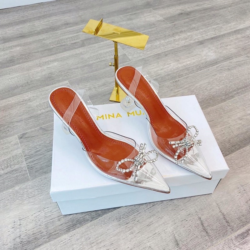 Giày cao gót trong hở gót mũi nhọn nơ đá gót ly 9cm sang chảnh