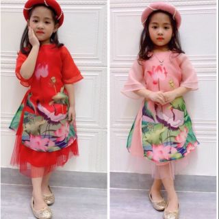 Mã X01 AD 31 - Áo dài hoa sen tay lỡ màu đỏ và hồng