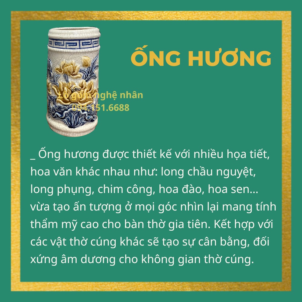 Lọ Đựng Hương, Ống Cắm Hương Rồng, Sen Thờ Cúng men rạn -  Đồ Thờ Cúng Bát Tràng
