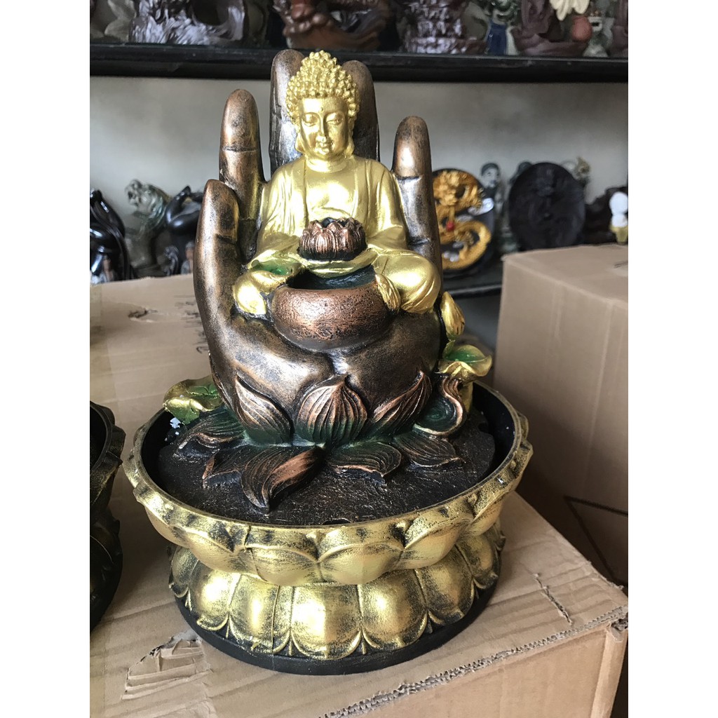 Tiểu cảnh hòn non bộ bể cá mini để bàn trang trí chất liệu composit cao cấp -Thác nước phong thủy Phật cuốn vàng 16064A