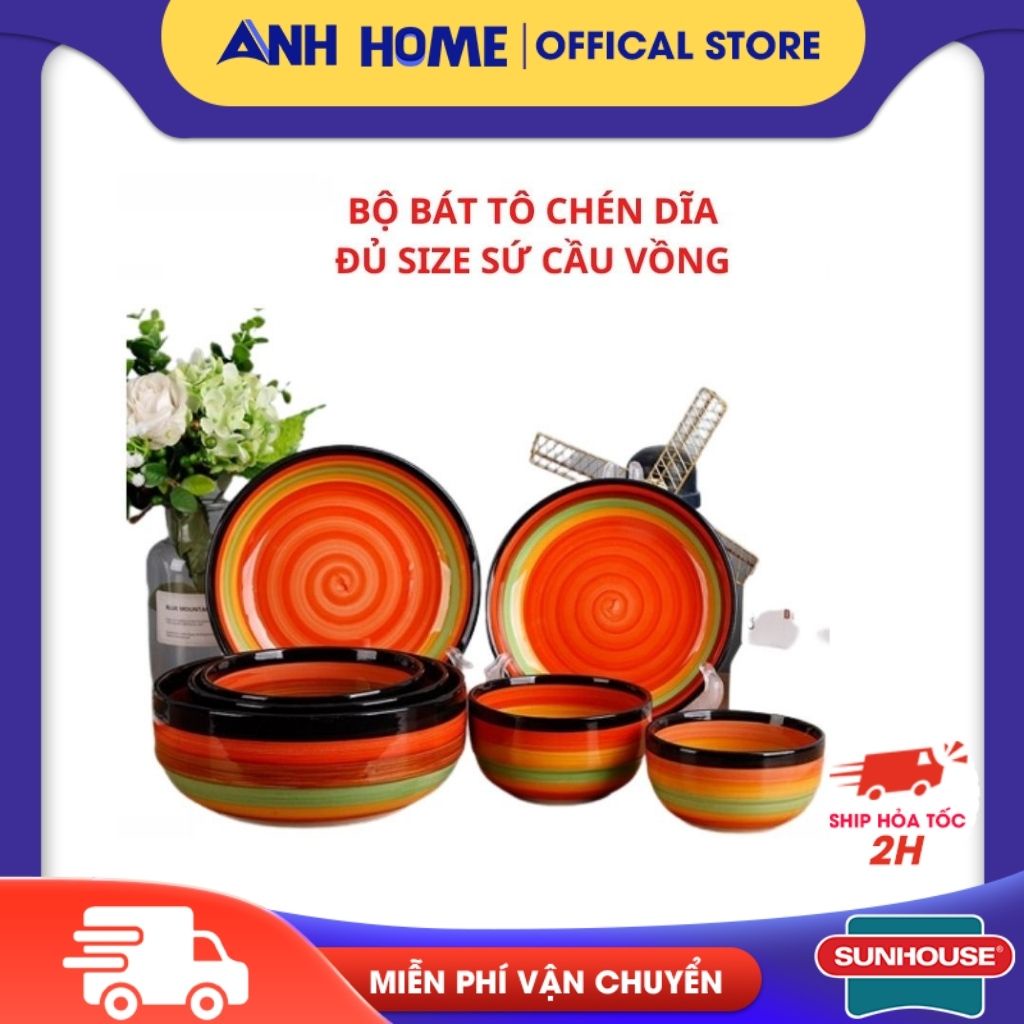 ( HCM - SHIP 2H ) Bát tô chén đĩa sứ cầu vòng dày ANH HOME 7 màu đép mắt phong cách Nhật Hàn sang trọng