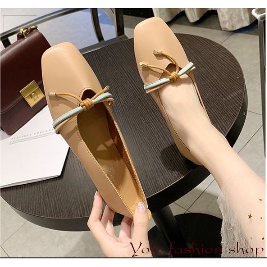 Giày bệt búp bê nữ đế bằng da mềm mũi vuông thắt nơ vintage hàng QC cao cấp - Kèm hình thật