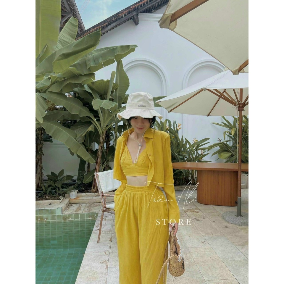 Sét Bộ Thời Trang Nữ Mặc Đi Chơi, Sét Bộ Đũi Áo Cổ V Mix Quần Dài Kèm Áo Khoác Tay Dài 4 Màu Phong Cách