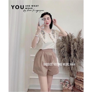 Set bộ áo hoa thêu - quần short nâu bigsize