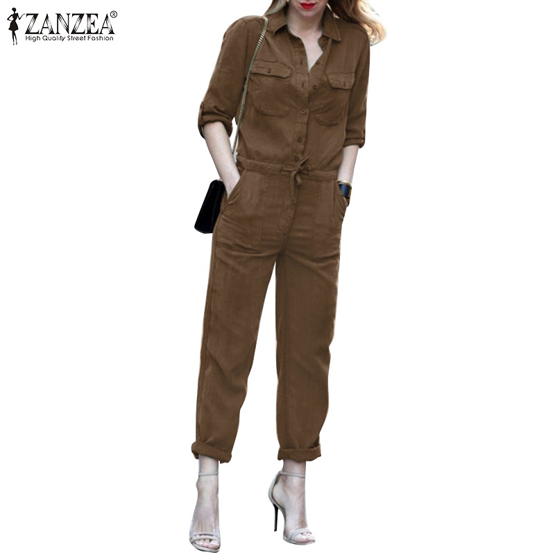 Jumpsuit Zanzea dài lưng thun dây rút màu trơn thời trang cho nữ