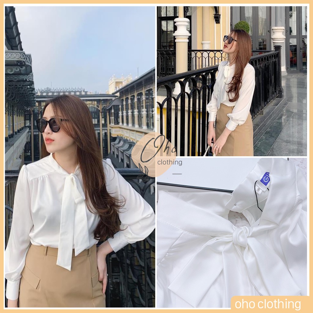Áo Sơ Mi Công Sở Nơ Cổ Chất Lụa, Sơ Mi Kiểu Dáng Hàn Quốc Basic Oho Clothing