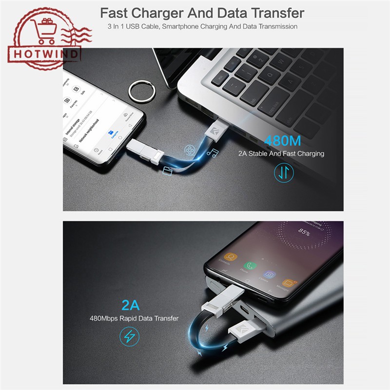 Cáp sạc USB Type C thiết kế 3 trong 1 tiện dụng
