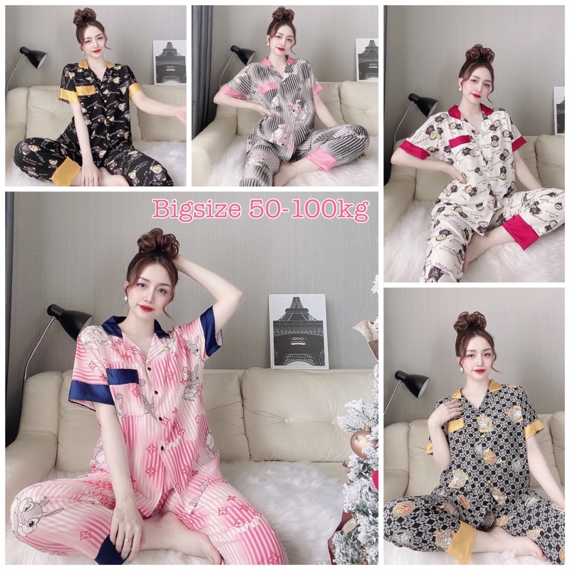 Bigsize Dài Tay Ngắn Phối Lụa Satin cổ sen 55-110kg Én Nhỏ Pijama