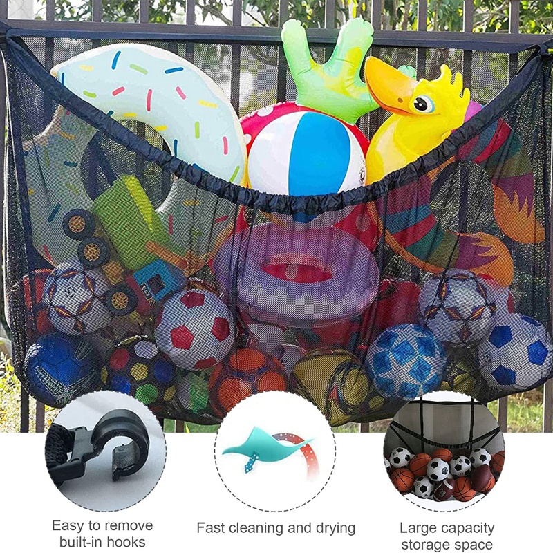 Túi Lưới Nylon Màu Đen Có Móc Sức Chứa Lớn Đựng Đồ Chơi Đi Biển / Mua Sắm / Đồ Chơi Ngoài Trời