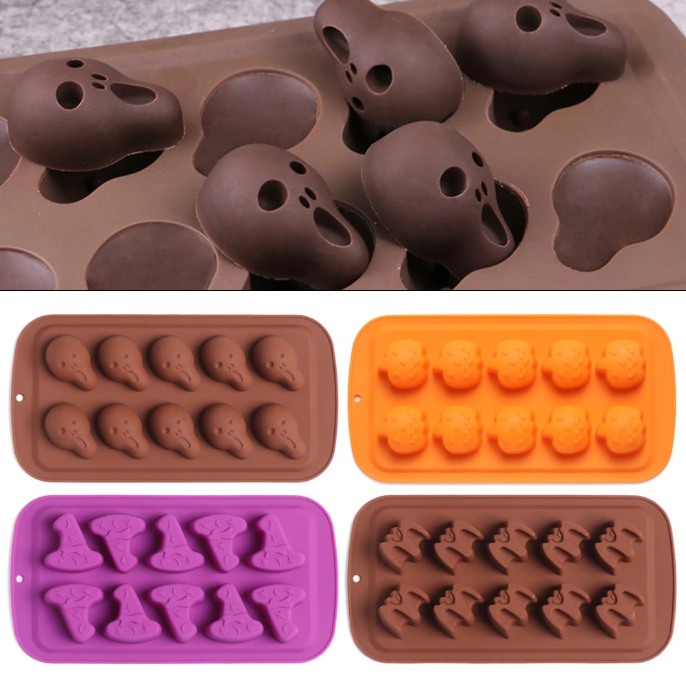Khuôn Silicone 10 Ngăn Hình Đầu Lâu Phù Thủy Dơi Trang Trí Bánh Kem