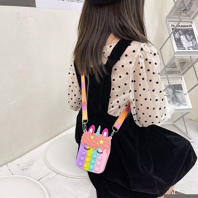 Túi đeo vai hình kỳ lân dễ thương bằng silicon kiểu đồ chơi nhấn bong bóng giảm căng thẳng