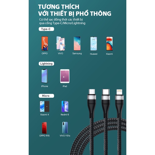 Cáp sạc nhanh đa năng 3in1 ROBOT RYT120 1.2m dây bện dù chống rối, tương thích iPhone iPad Android - Bảo hành chính hãng