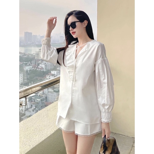 SET TRẮNG ÁO TAY BỒNG DÀI CỔ BÈO + QUẦN SHORT - kèm ảnh thật