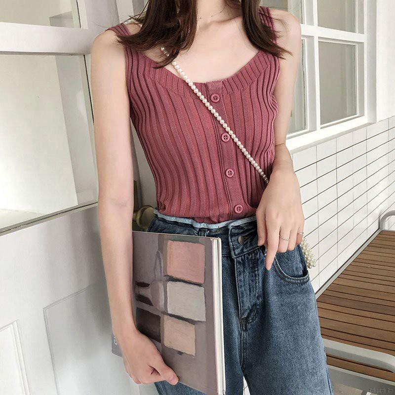 Áo tank top không tay cổ chữ U phối nút màu trơn