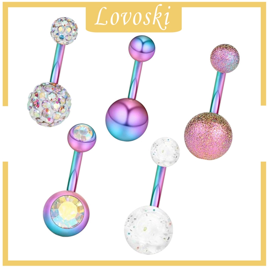 Set 5 Khuyên Rốn Dạng Thanh Tạ Đôi Đính Đá Pha Lê