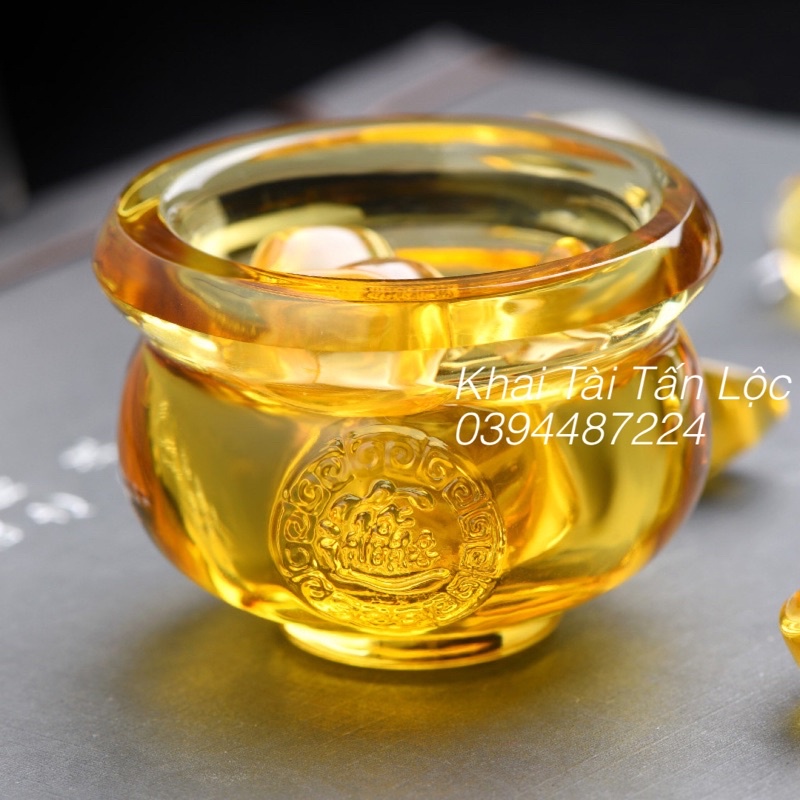 Bộ hũ vàng - bát tụ bảo lưu ly tí hon 5cm và 12 thỏi vàng chiêu tài Lộc