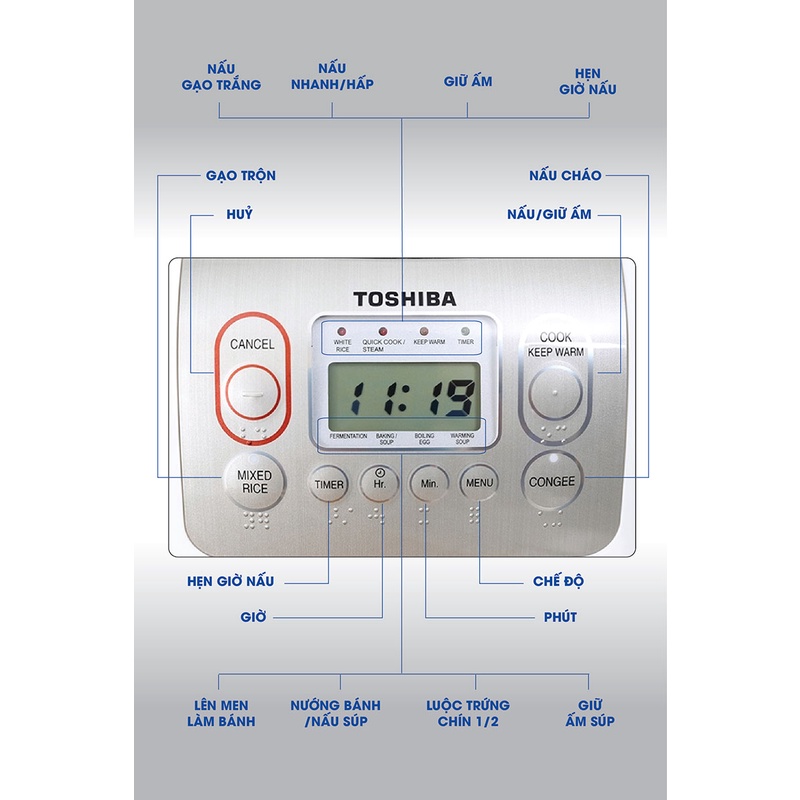 Nồi cơm điện tử Toshiba 1 lít - 1.8 lít hợp kim nhôm chống dính 800W giữ ấm đến 24 giờ - HAPOS