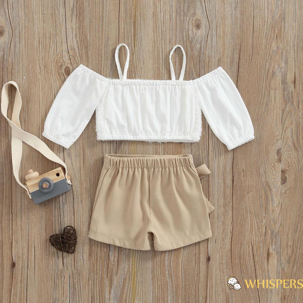 Bộ Áo Tay Dài Trễ Vai Phối Lông + Quần Short Lưng Cao Thời Trang Cho Bé Gái 1-6 Tuổi