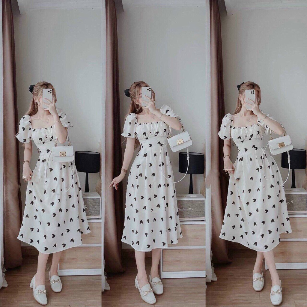Váy đầm cổ vuông màu trắng dáng dài tay búp họa tiết, váy đầm đi biển dáng dài Linhnastore