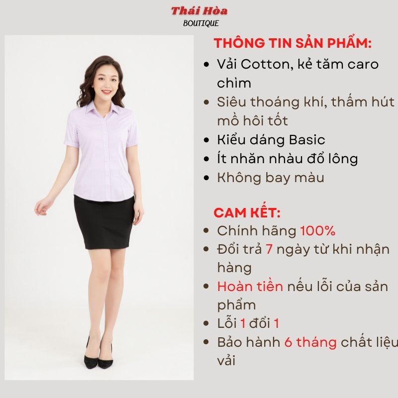 Áo sơ mi nữ công sở tay ngắn kẻ tăm đẹp màu tìm caro chìm cotton Thái Hoà N631-11-01