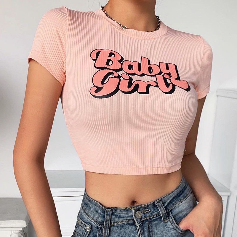 Letter print top women's European and American style women's all-match fashion slim fit slimming short navel-exposed sim