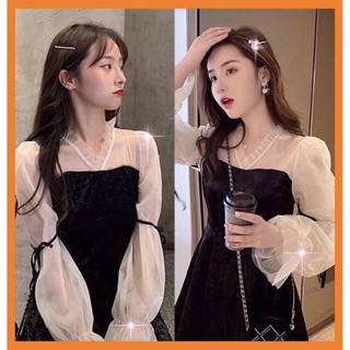 [Sẵn Hàng]♥️Đầm,Váy Nhung Tay Ren Buộc Dây(ảnh thật)Size S->XL