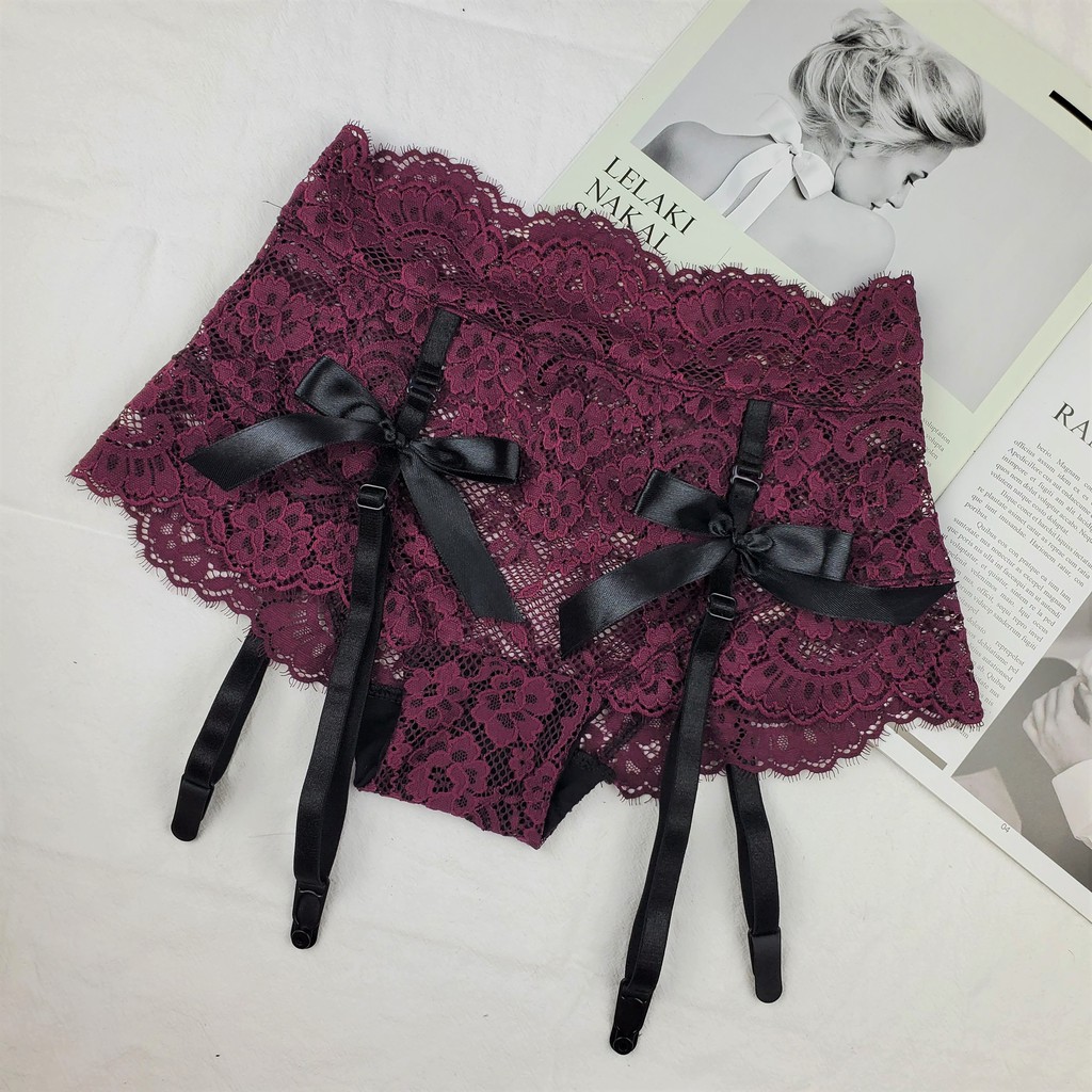 Bộ đồ lót ren không gọng mút vừa gợi cảm màu tím nhúng vai quần kẹp tất - Nội y sexy by NHÀ SÒ Bralette NS201