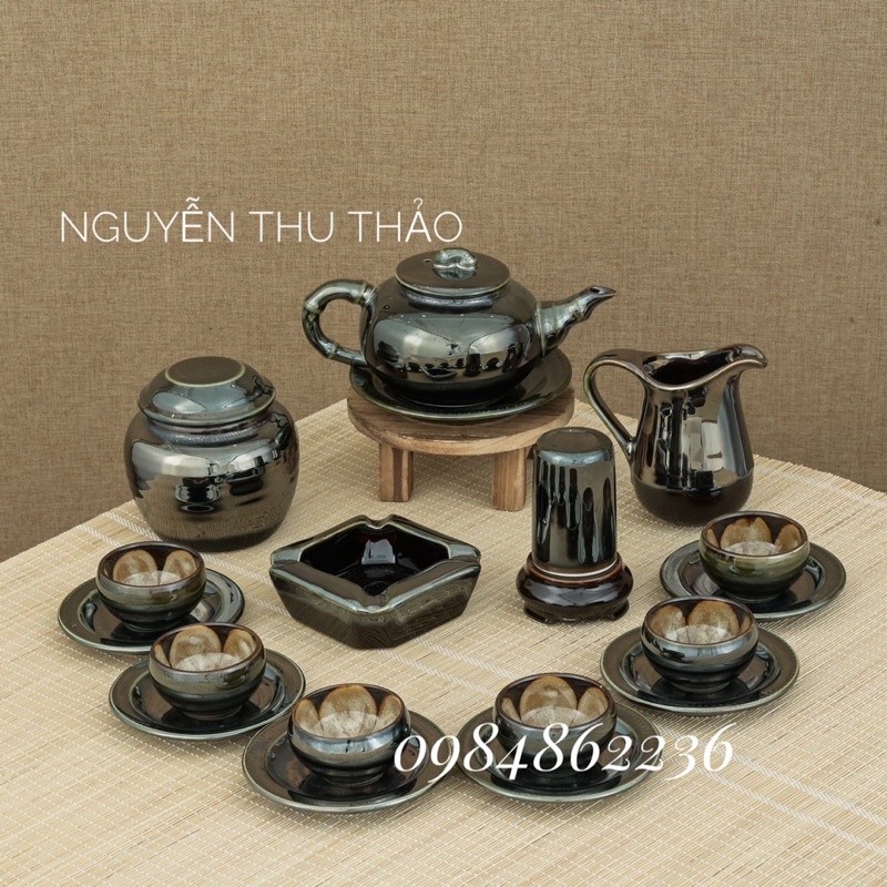 Bộ ấm chén men hoả biến rêu gương Bát Tràng- Bộ ấm chén đẹp- Bộ trà cao cấp