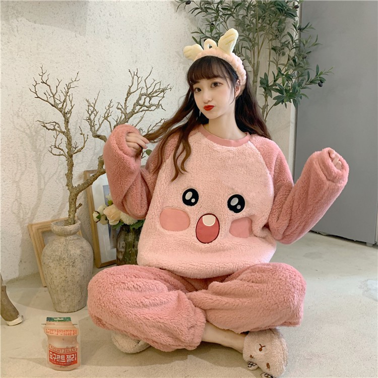 Bộ đồ ngủ ở nhà bông ấm mùa thu đông tay dài dễ thương cổ tròn màu hồng quần dài ulzzang