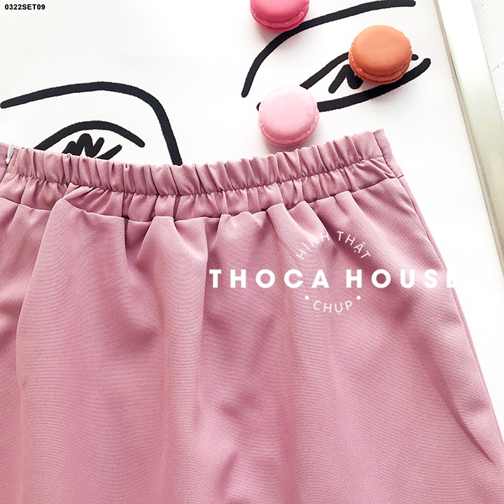 Set áo khoác vest 2 túi phối chân váy lưng thun pastel THOCA HOUSE vải dày đi làm, đi học freesize dưới 56kg