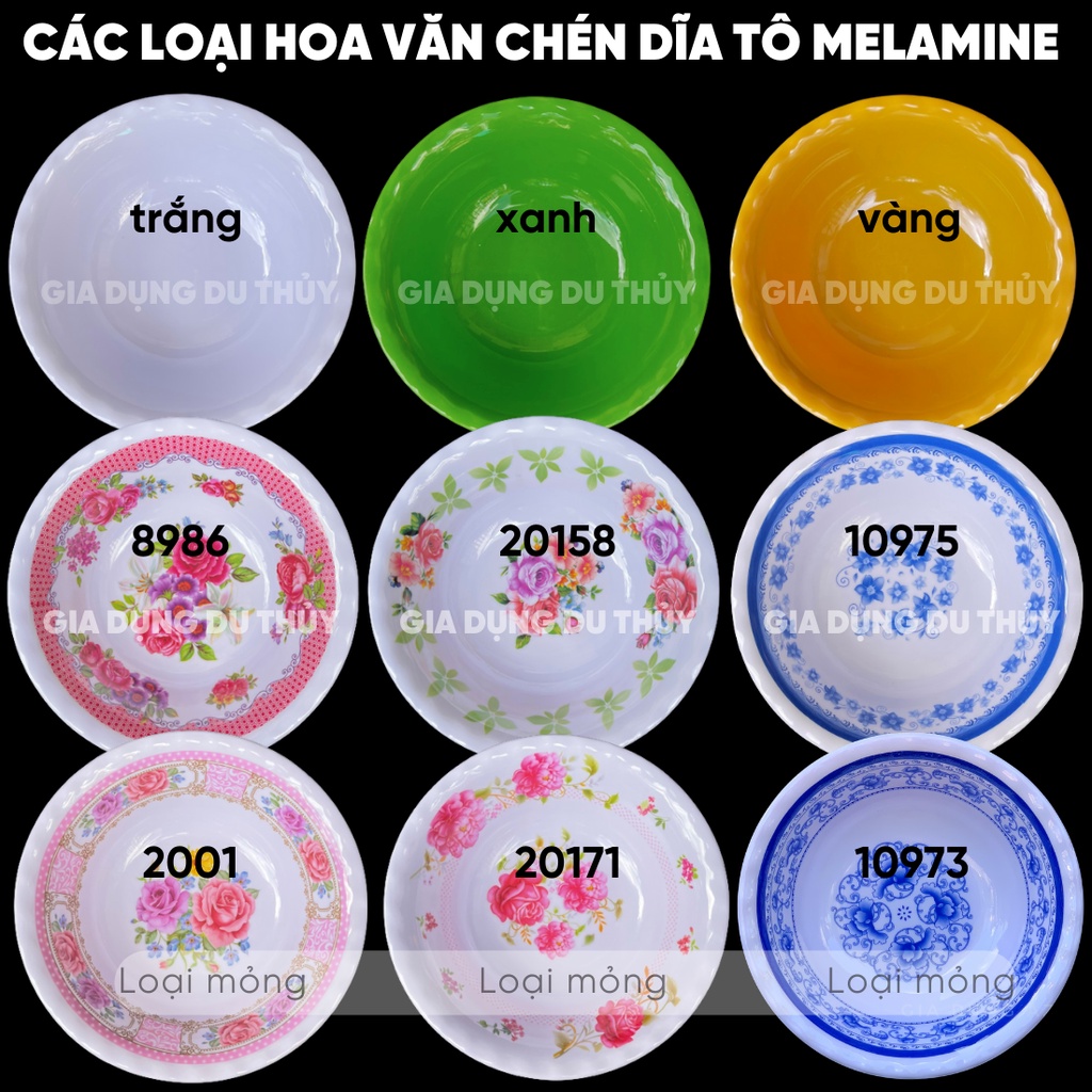 Chén cơm nhựa melamine màu trắng, xanh, vàng và hoa văn đủ loại nhựa phíp an toàn, lâu phai màu của gia dụng Du Thủy