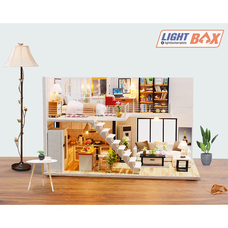 Nhà búp bê Tự làm bằng gỗ [Nhà có nội thất HAPPY TOGETHER &amp; đèn LED] Tặng KHUNG BẢO VỆ + DỤNG CỤ