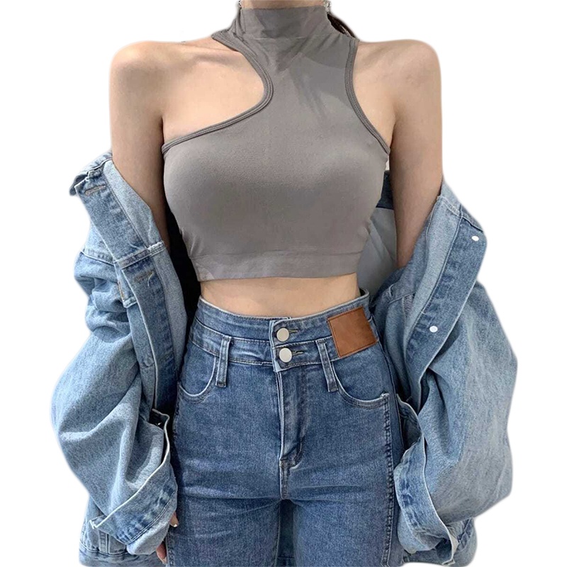Áo Crop Top Không Tay Cổ Lọ Hở Vai Màu Sắc Trơn Quyến Rũ Cho Nữ