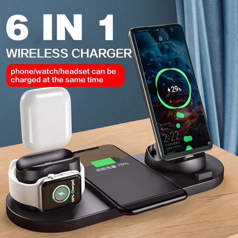 Đế Sạc Nhanh Không Dây 6 Trong 1 10W Cho iphone 11 12 13 Pro max samsung s6 s7 s20 s10 note 8 9 10 apple watch 2 3 4 5 6 airpods 1 2