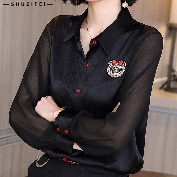 Áo Sơ Mi Lụa Satin Dài Tay Dáng Rộng Màu Đen Thời Trang Cho Nữ