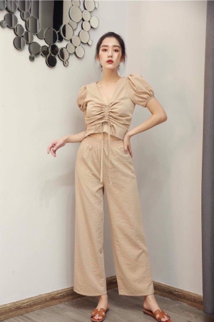 Bộ đũi áo rút dây ngực quần ống rộng chất đũi siêu mát